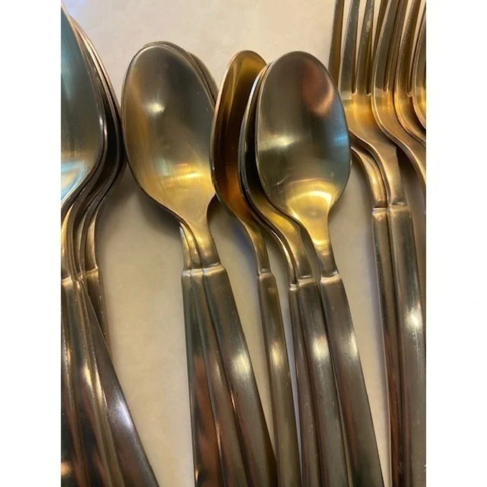 Gold Stainless Steel Flatware Set 39 Piece Modern Square Handle Satin Finish